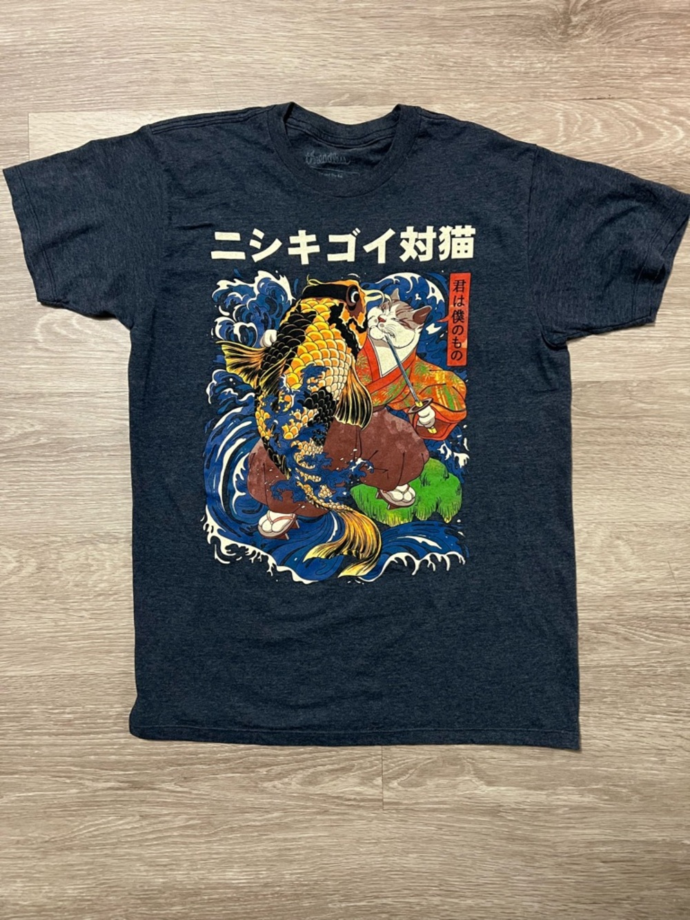 Threadless Navy Graphic Tee with Multicolor Koi & Cat Print
